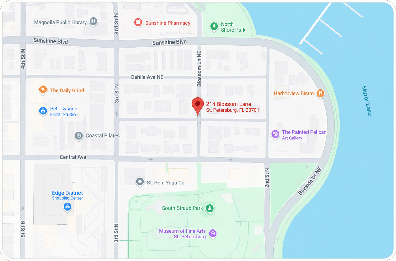Map showing 214 Blossom Lane, St. Petersburg, Florida 33701